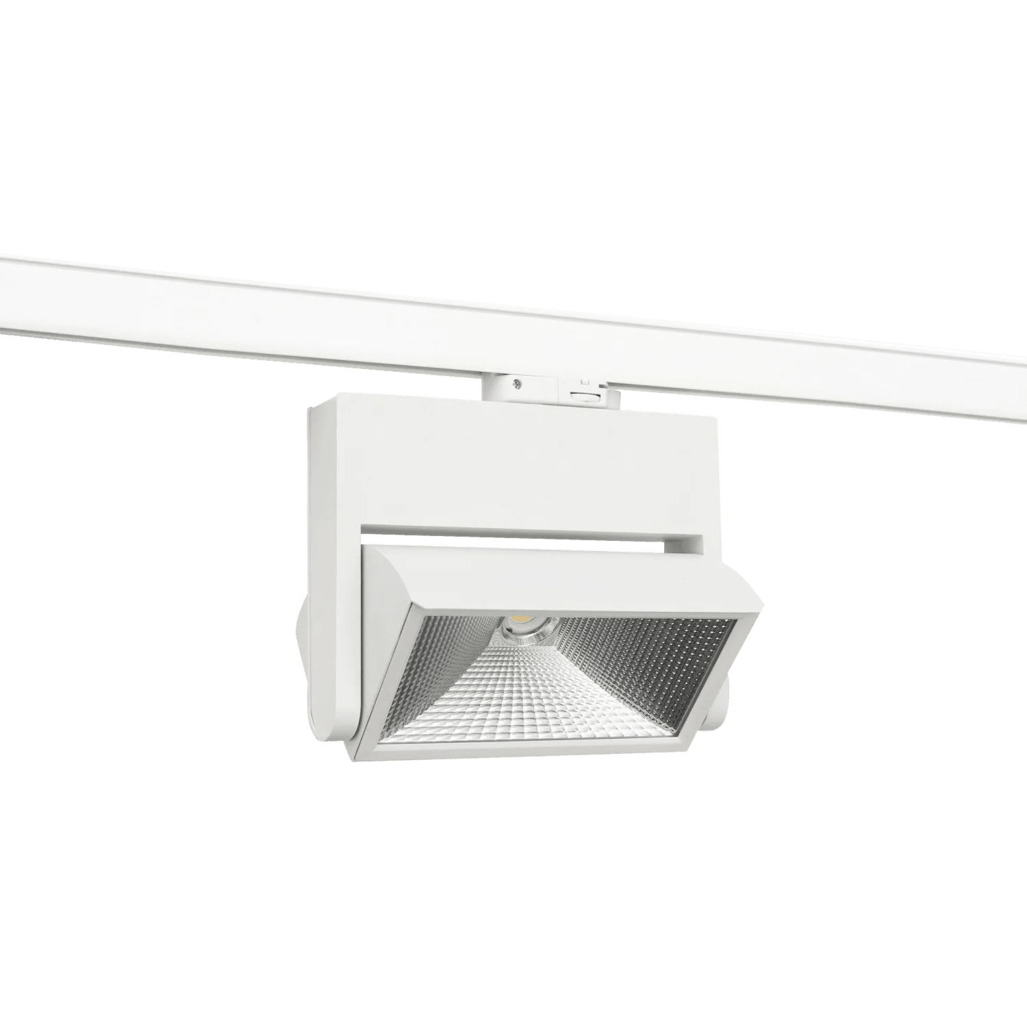 White 45W track light with adjustable head mounted on a white track, designed for focused illumination.