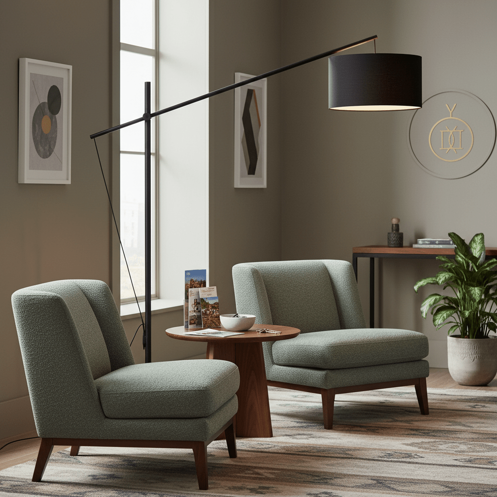 Stylish black floor lamp illuminating a cozy seating area with green chairs and a wooden table.