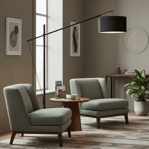 Stylish black floor lamp illuminating a cozy seating area with green chairs and a wooden table.