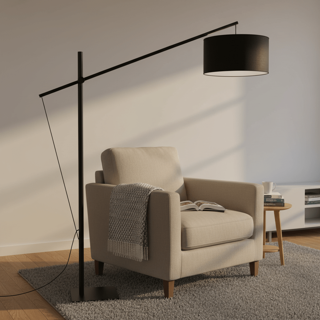 A stylish black floor lamp positioned beside a cozy armchair, illuminating a reading nook.