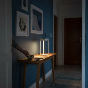 White Memphis rechargeable LED lantern with aluminium body for dry indoor use.