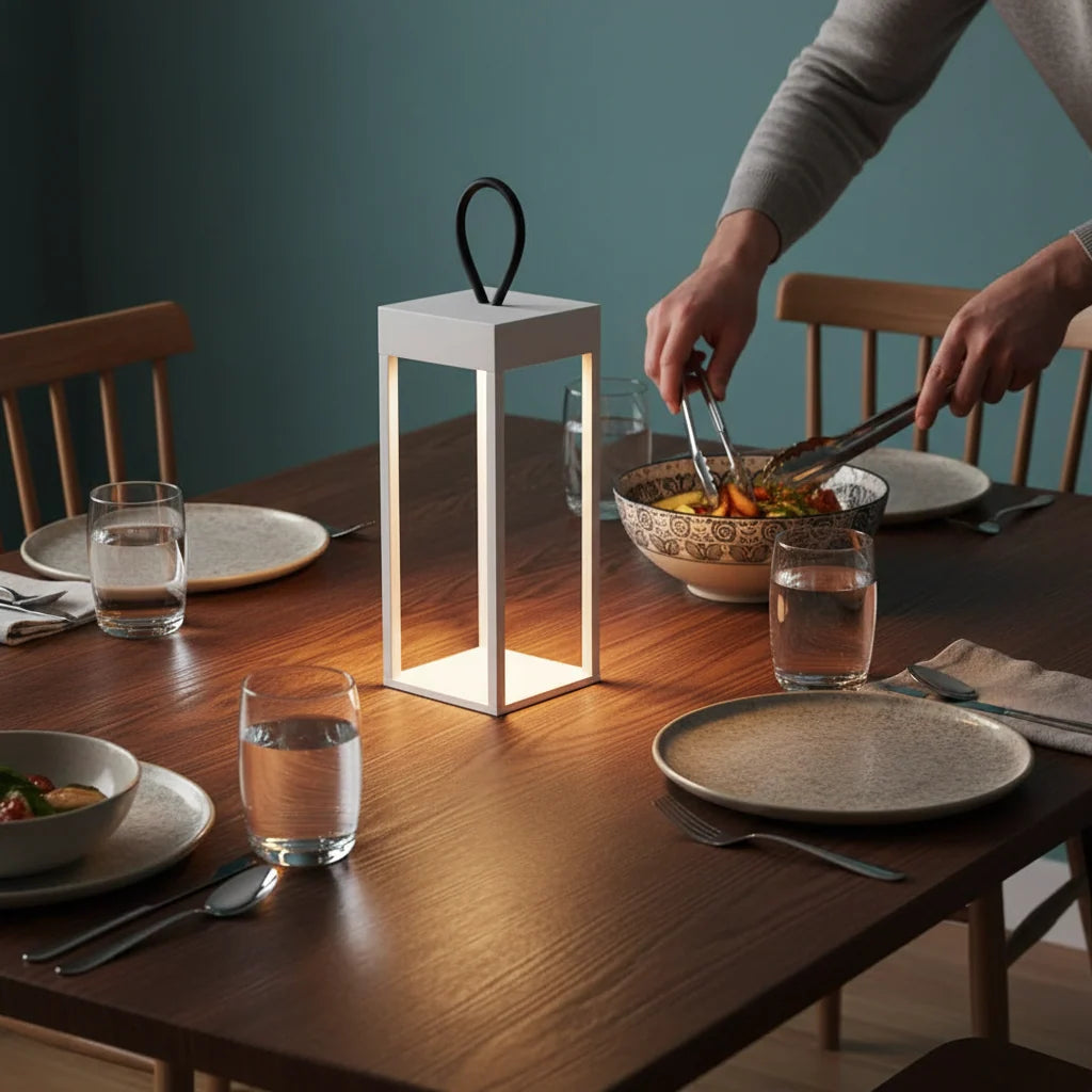White Memphis rechargeable LED lantern with aluminium body for dry indoor use.