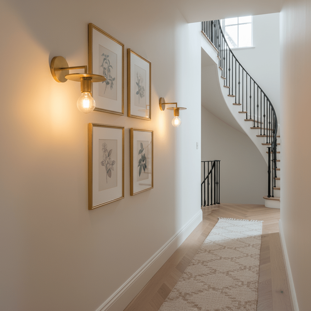 Gold Trend Disc Wall Light mounted on a white wall, flanking framed botanical prints in gold frames, with a staircase in the background.