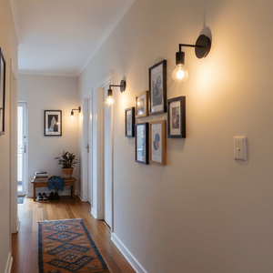 Black wall lights mounted on a hallway wall, illuminating framed artwork and a patterned rug.