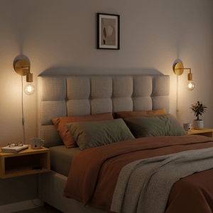 Gold wall light mounted beside a bed, illuminating a cozy bedroom with textured bedding and a small plant.