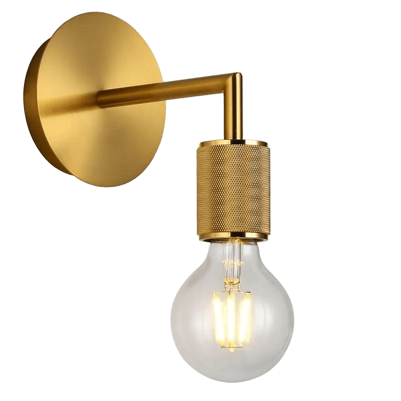 Gold wall light with a round backplate, a straight arm, and a clear bulb, featuring a textured socket.
