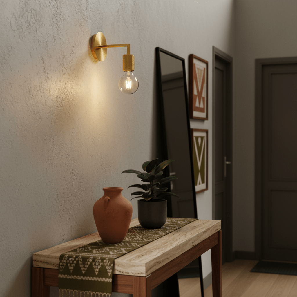 Gold wall light mounted above a wooden console table with a plant and decorative vase.