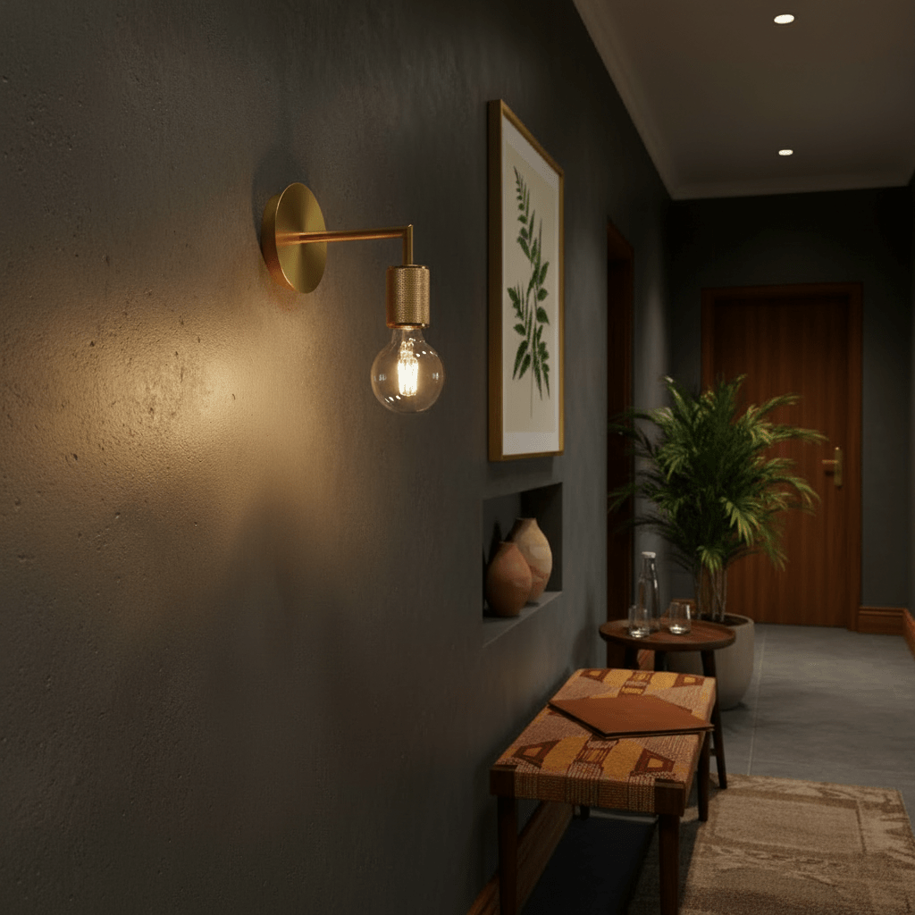 Gold indoor wall light mounted in a stylish hallway, illuminating a textured wall with decor and plants.