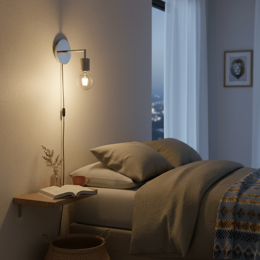 Satin chrome wall light mounted beside a bed, illuminating a cozy bedroom with soft bedding and a nightstand.