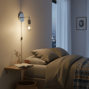 Satin chrome wall light mounted beside a bed, illuminating a cozy bedroom with soft bedding and a nightstand.