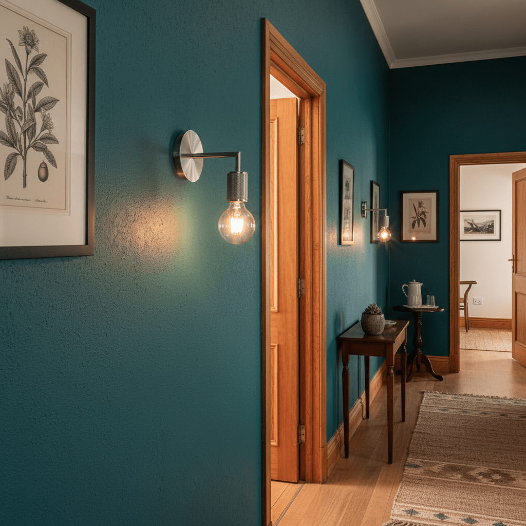 Satin chrome wall light illuminating a teal hallway, enhancing decor with a modern touch.