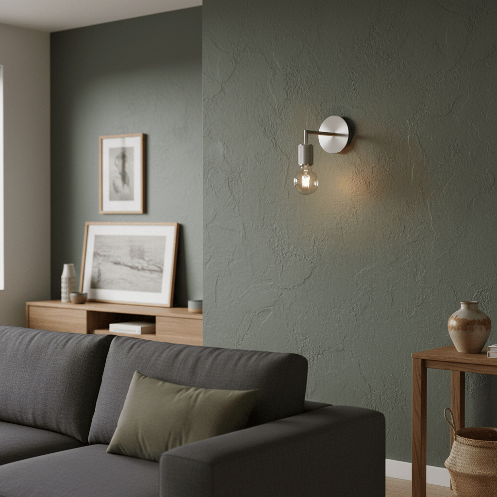 Satin chrome wall light mounted on a textured green wall, illuminating a cozy living space with a sofa and decor.