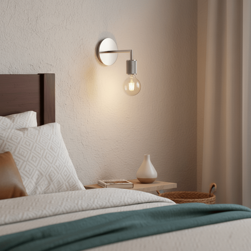 Satin chrome wall light mounted beside a bed, illuminating a cozy bedroom with decorative pillows and a nightstand.