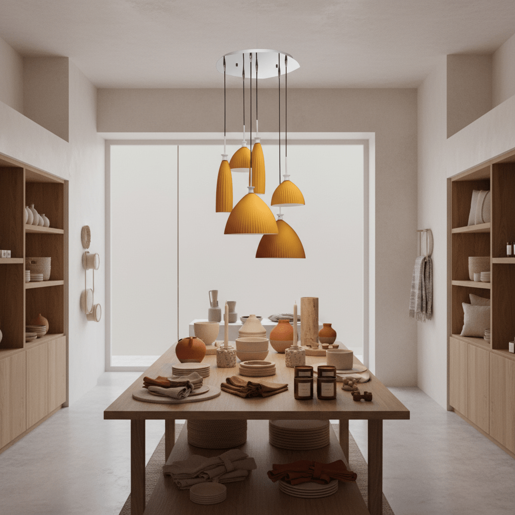 Orange cluster pendant with six hanging glass shades over a wooden dining table displaying pottery and textiles.