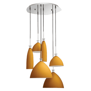 Six orange glass pendant shades hanging from a white circular canopy with black cords.