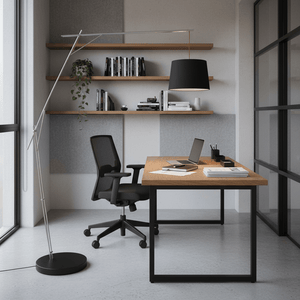 Cantilever black floor lamp with sleek metal arm and black shade, positioned beside a desk in a modern office setting