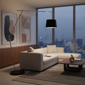 Cantilever black floor lamp with metal arm and black shade positioned beside a beige sectional sofa in a modern living room.