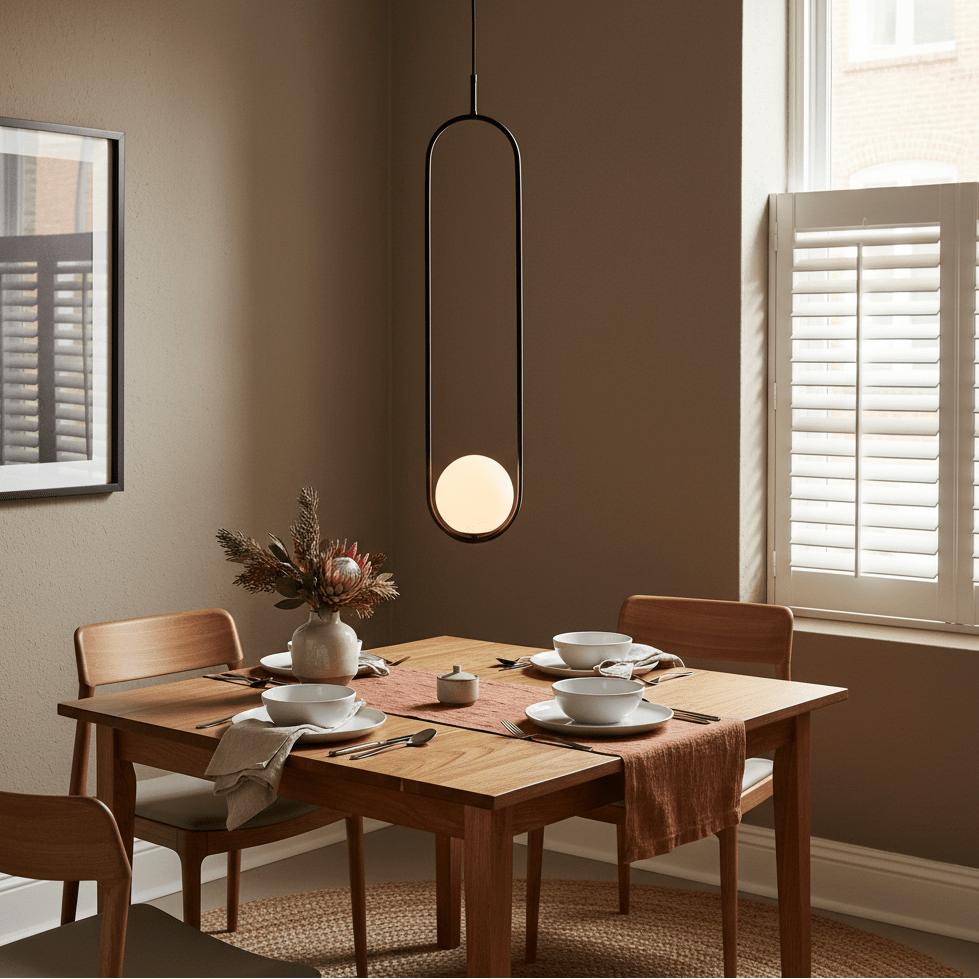 Luna Long G9 pendant light in black hanging above a wooden dining table set with dishes and a decorative vase.