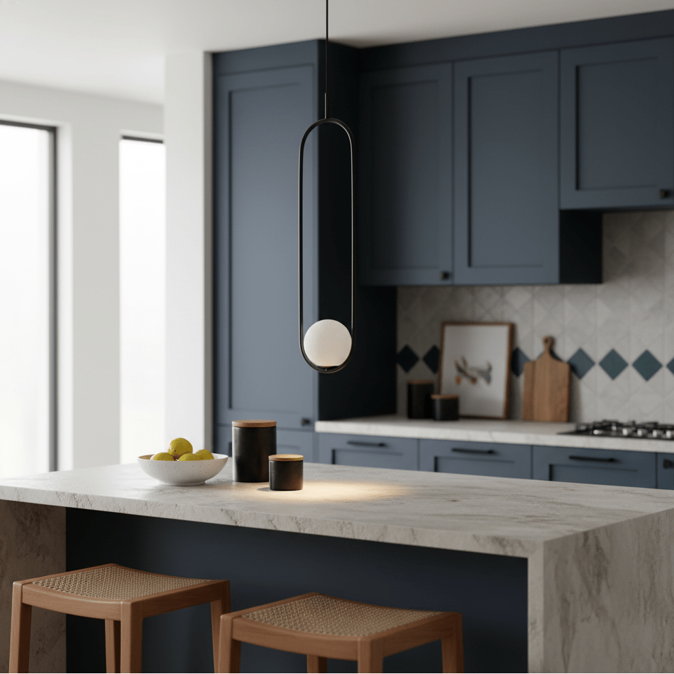Luna Long G9 pendant light in black hanging above a kitchen island with a bowl of lemons.