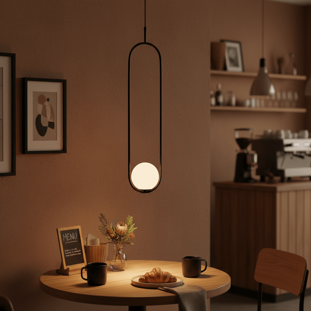 Luna Long G9 pendant light hanging above a wooden table with coffee cups and pastries, in a cozy setting.