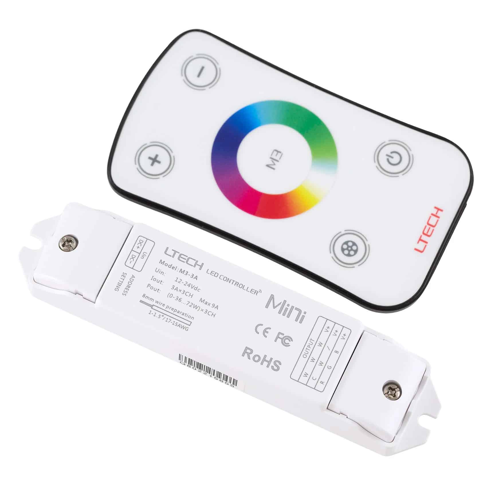 LED strip light controller with RF remote, featuring color wheel and control buttons.