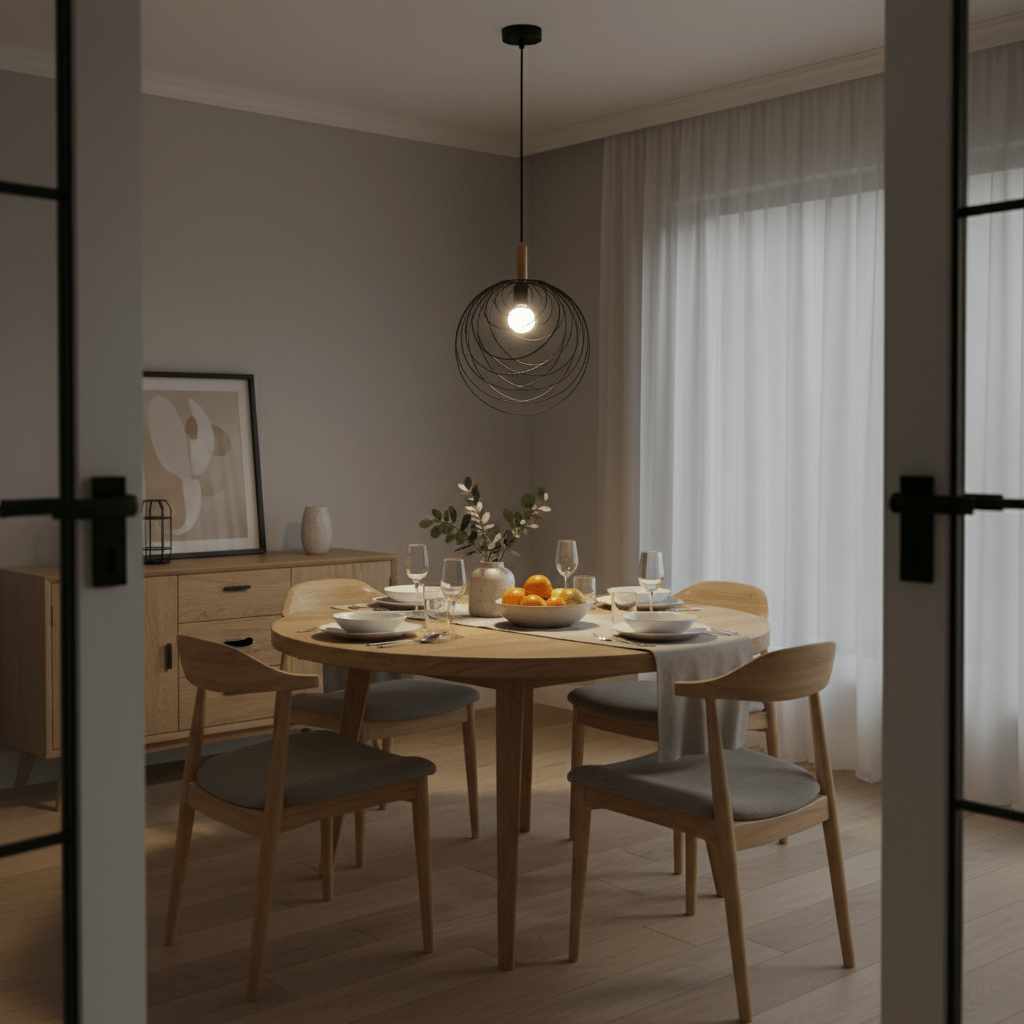 Stylish black pendant light hanging over a wooden dining table set with plates and glasses.