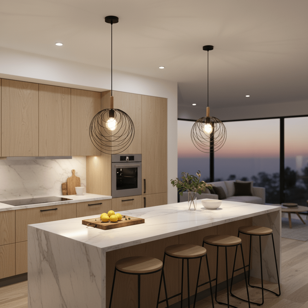 Two black pendant lights with wooden details hang over a marble kitchen island, illuminated softly.