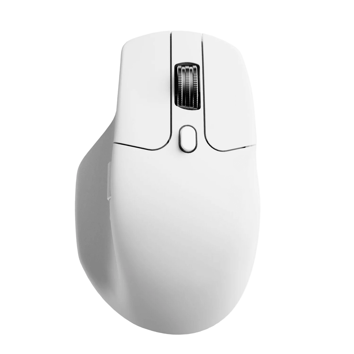 White wireless mouse with a smooth finish, featuring a scroll wheel and two buttons on top.