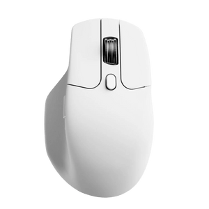 White wireless mouse with a smooth finish, featuring a scroll wheel and two buttons on top.