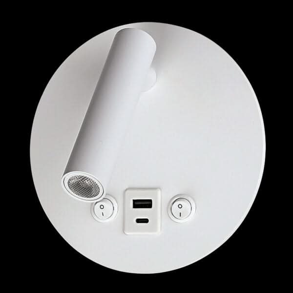 White round wall reading light with angled spotlight, USB and USB-C ports on a circular base
