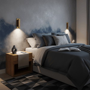 Recessed LED wall light illuminating a cozy bedroom scene with a bed, nightstand, and decorative elements.