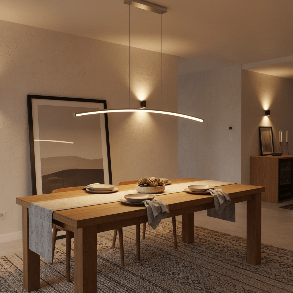Sleek Maybe Someday Bow LED Pendant light above a wooden dining table set with plates and decor.
