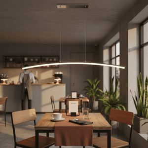 Maybe Someday Bow LED Pendant light hanging over a dining table in a café setting, with a warm ambiance.