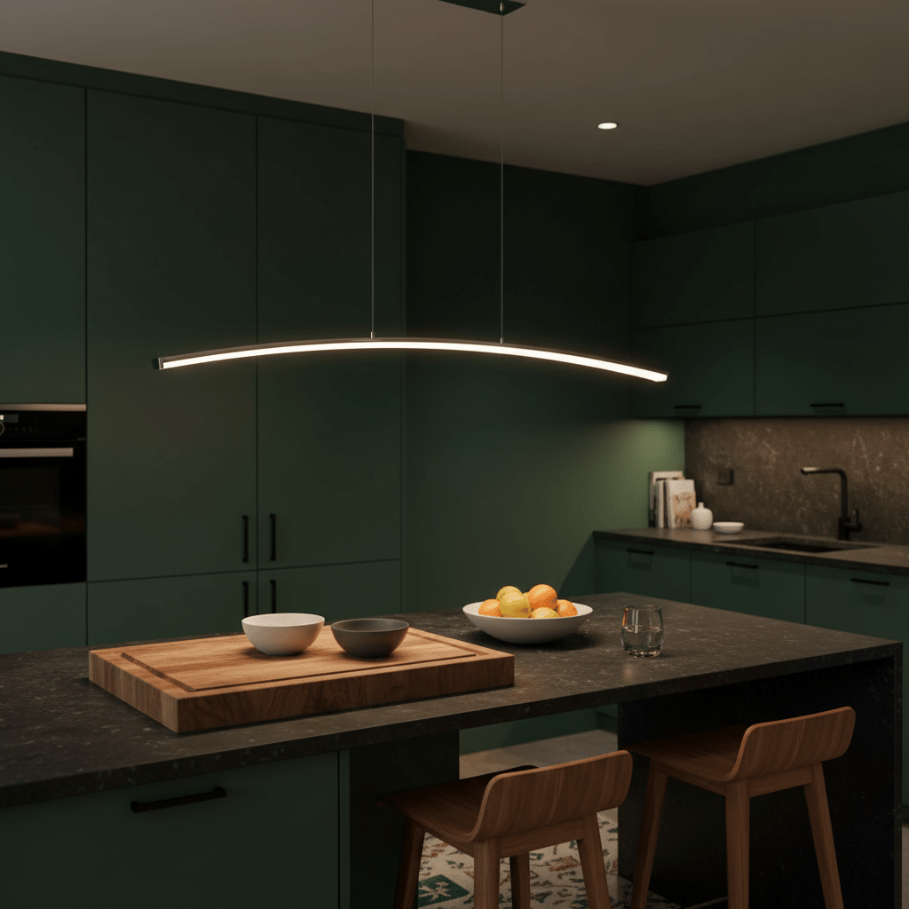 Sleek Maybe Someday Bow LED Pendant light hanging over a kitchen island with bowls and fruits.
