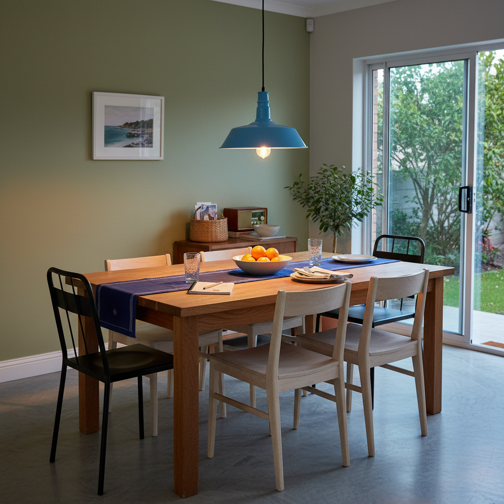 A blue traditional pendant light hangs above a wooden dining table set with fruit and tableware.