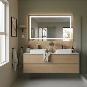 Rectangular mirror with a white frame reflecting a room interior.