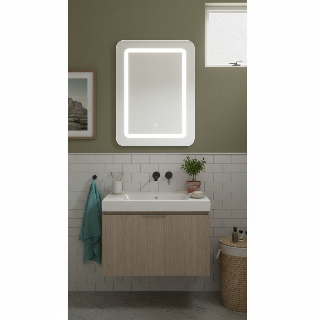 Bathroom with a vanity unit, sink, and illuminated mirror.