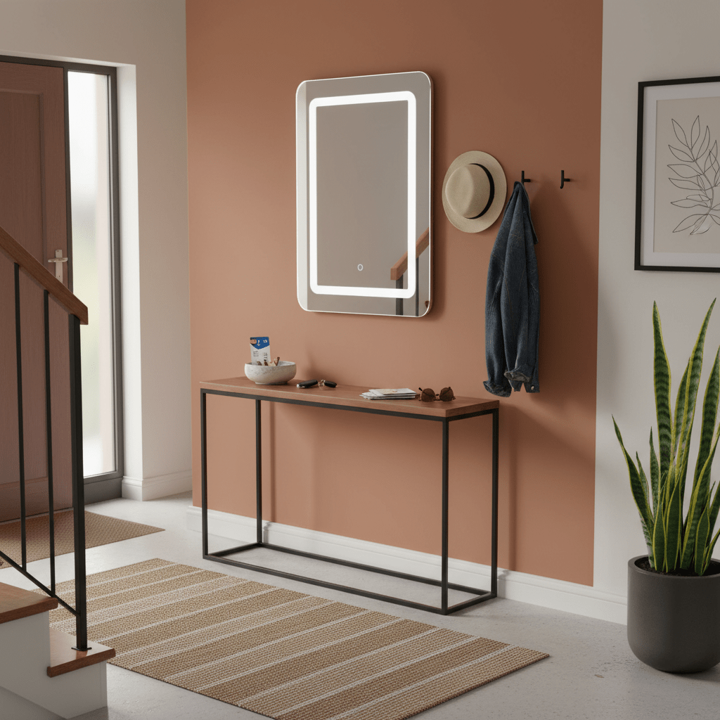 Modern hallway with a mirror, console table, and plant.