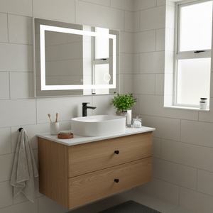 Rectangular LED mirror with touch switch above a modern bathroom vanity with a sink and decor.
