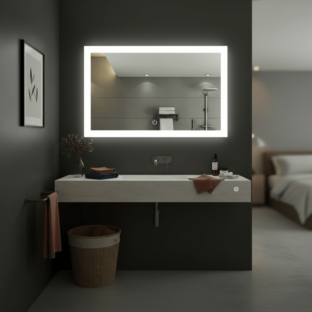 Rectangular LED mirror with touch switch above a modern bathroom sink, featuring towels and decor.