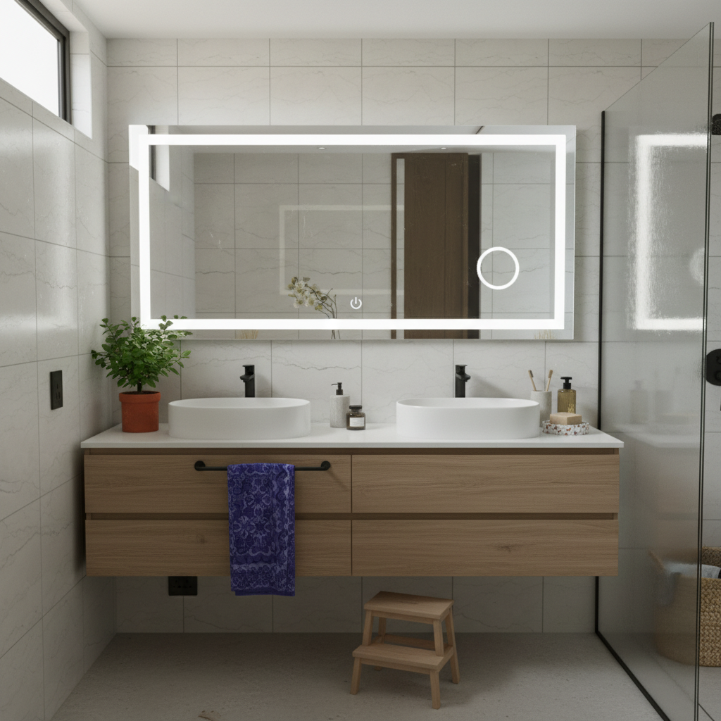 Large rectangular LED mirror with touch switch above a double vanity in a modern bathroom setting.