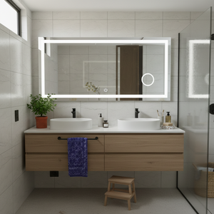 Large rectangular LED mirror with touch switch above a double vanity in a modern bathroom setting.