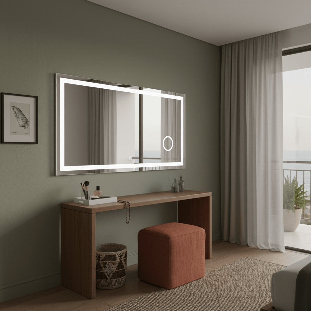 Large rectangular LED bathroom mirror with built-in magnification above a modern hotel vanity in South Africa, bright even lighting, neutral decor, no logos.