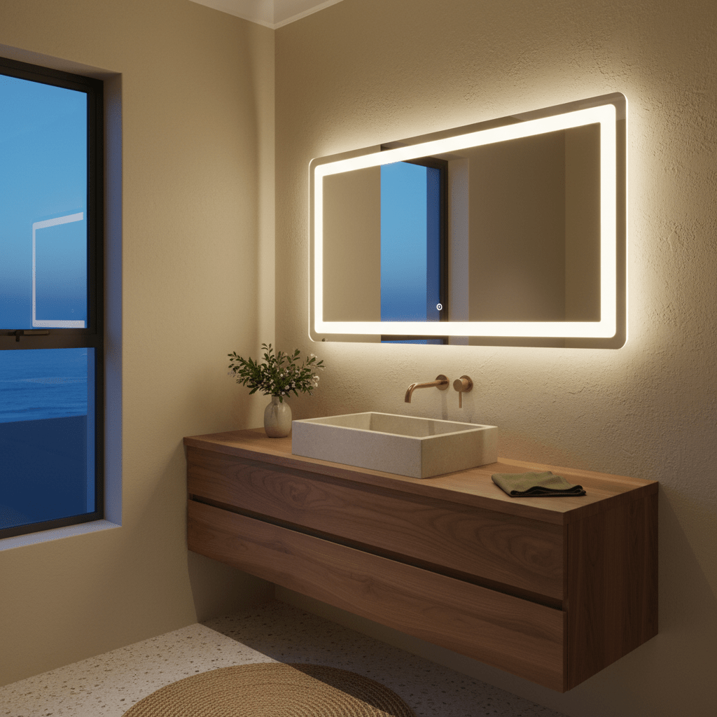 Rectangular LED bathroom mirror with touch control switch above a modern vanity in a South African home, bright even lighting, neutral wall tiles, no text, no logos.