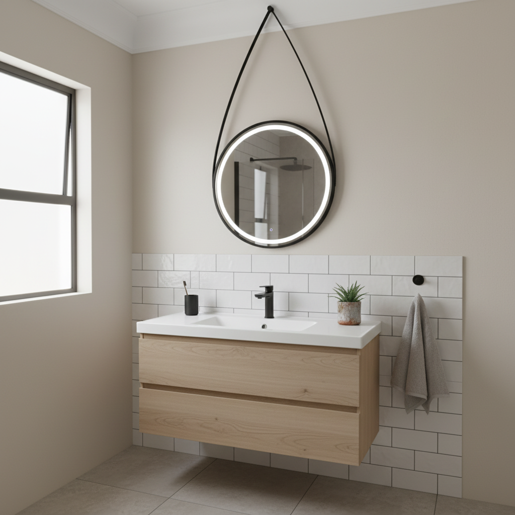 Circular LED Mirror with Black Leather Strap