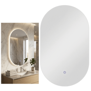 Bathroom vanity with illuminated oval mirror and round light fixture on a white background