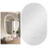 Bathroom vanity with illuminated oval mirror and round light fixture on a white background