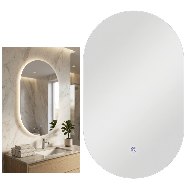 Bathroom vanity with illuminated oval mirror and round light fixture on a white background