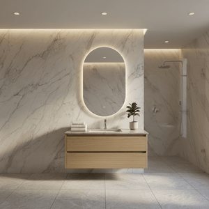 Elegant oval LED mirror with touch switch in a modern bathroom setting, featuring marble walls and wooden vanity.
