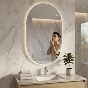 A person grooming in front of an oval LED mirror with touch switch, surrounded by a modern bathroom setting.